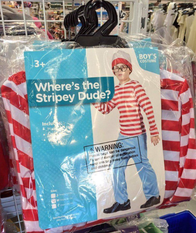 ripoff costume - 3 Where's the Stripey Dude? Inclu Warning Passe begs can be dangerous wd danger of euffocation yomubies and childre Boy'S Costume